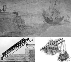 Archimedes inventions included his naval “claw” which could lift up and tip attacking ships, his hydraulic screw for moving water to a higher level and his “death ray” consisting of an array of mirrors that could direct sunlight to a ship off shore in order to set it ablaze.