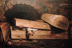 Painting of cholera victim waking up in coffin.