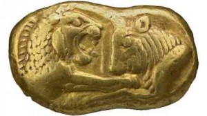 Gold coin of Croesus, on display at the British Museum.