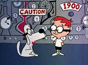 The Way Back Machine was a central element in Peabody’s Improbable History, one of several cartoon segments that first appeared in 1959 as part of the Rocky and his Friends show and which featured Mr. Peabody, left, a time-traveling dog, and his pet boy, Sherman.
