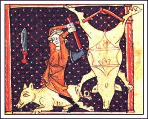 A Medieval illustration (c. 1250) depicting a farmer using the blunt end of the axe blade, the poll, to stun a pig and then hang it up for slaughter on the yoke-like bar called the bucket.